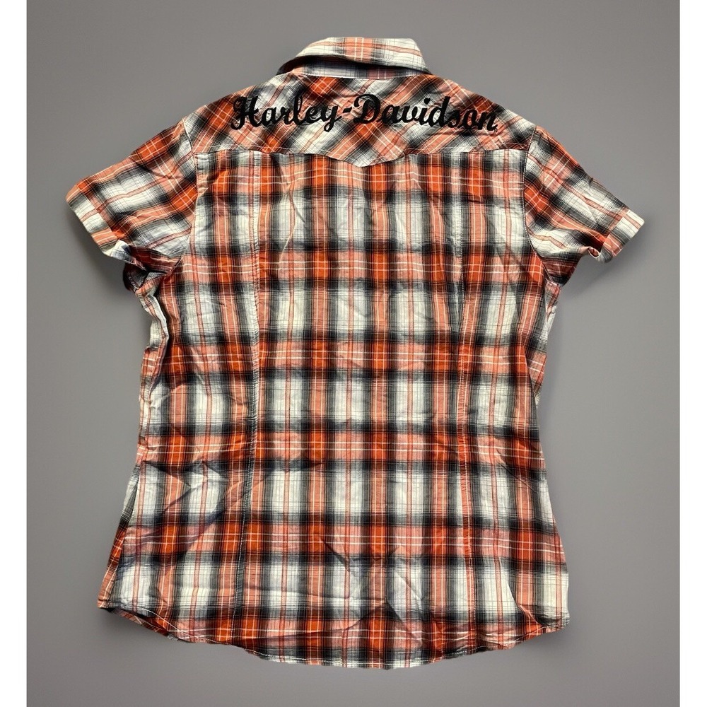 Harley Davidson Short Sleeve Shirt Pearl Snap Orange Logo Women's Medium JBHS - Picture 2 of 10